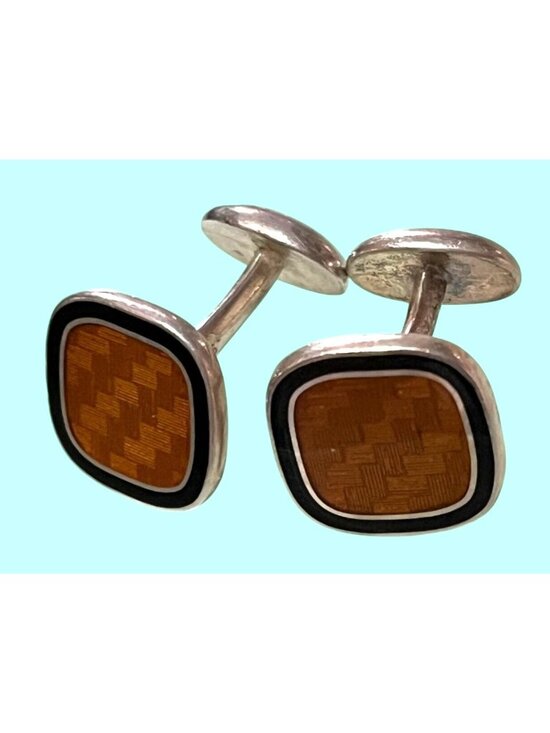 Sterling Other - Sterling Silver Cufflinks With Geometric Amber-Colored Inlay & Black Border